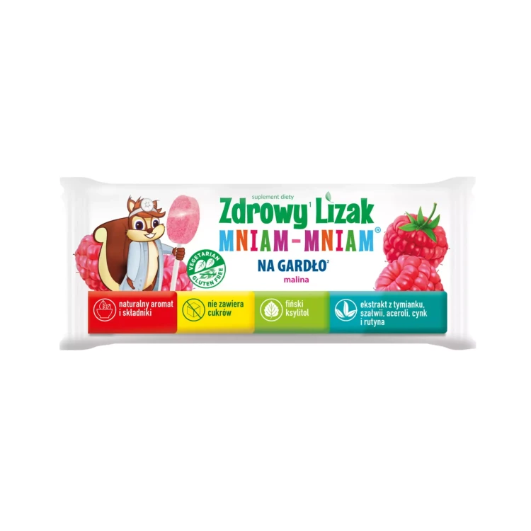 Zdrowy lizak bez cukru o smaku maliny na gardło 40 sztuk Mniam-Mniam.webp