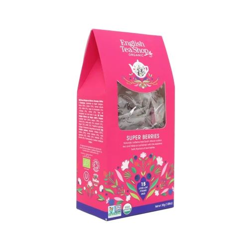 Organiczna herbatka ziołowa z hibiskusa z truskawkami. borówkami i malinami w piramidkach English Tea Shop 2.webp