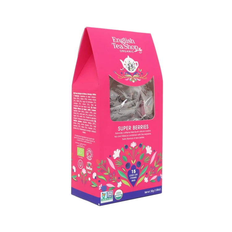 Organiczna herbatka ziołowa z hibiskusa z truskawkami. borówkami i malinami w piramidkach English Tea Shop 2.webp