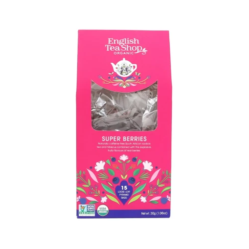 Organiczna herbatka ziołowa z hibiskusa z truskawkami. borówkami i malinami w piramidkach English Tea Shop .webp