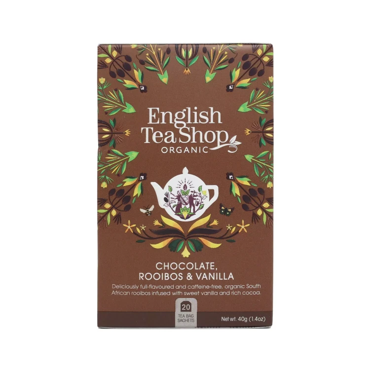 Ekologiczna herbatka ziołowa rooibos z ziarnami kakaowca i laskami wanilii English Tea Shop.webp