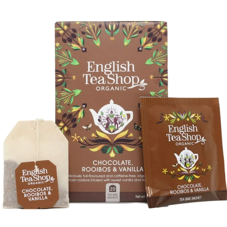 Ekologiczna herbatka ziołowa rooibos z ziarnami kakaowca i laskami wanilii English Tea Shop 2.webp