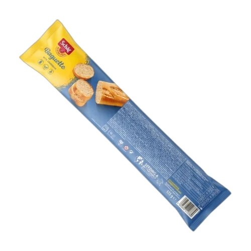 Bezglutenowa bułka Baguette French Schär 175 g wyłożona na jasnym podłożu