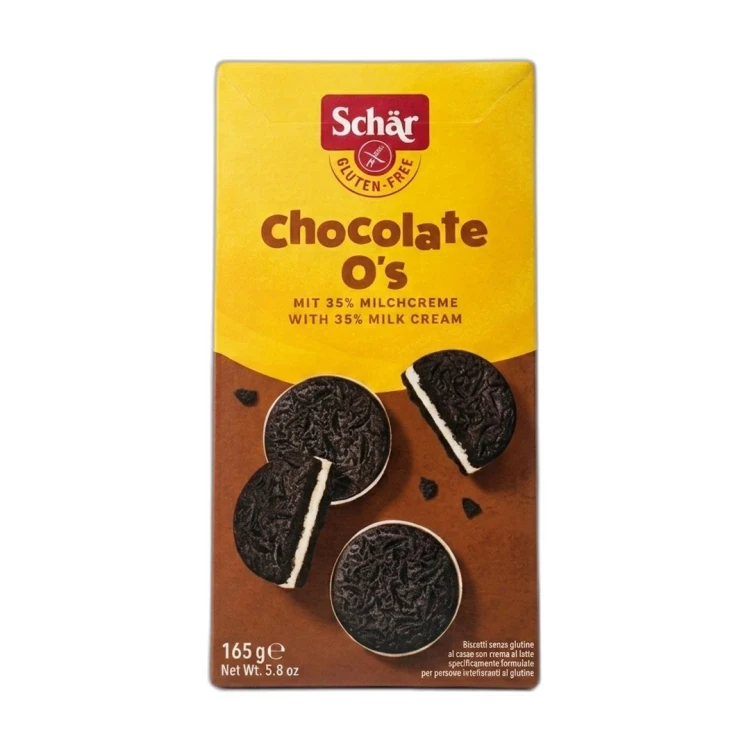 Ciemne okrągłe ciastka kakaowe przełożone jasnym kremem mlecznym Chocolate O's Schar