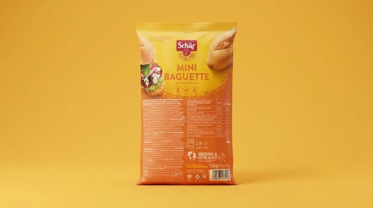 Mini Baguette, mini bagietki (2x75g) 150g Schar — opakowanie na tle w kolorze produktu