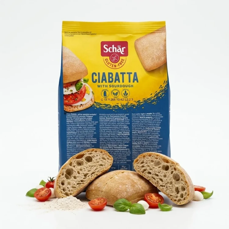 Ciabatta (4x50g) 200g Schar — opakowanie z wysypaną zawartością