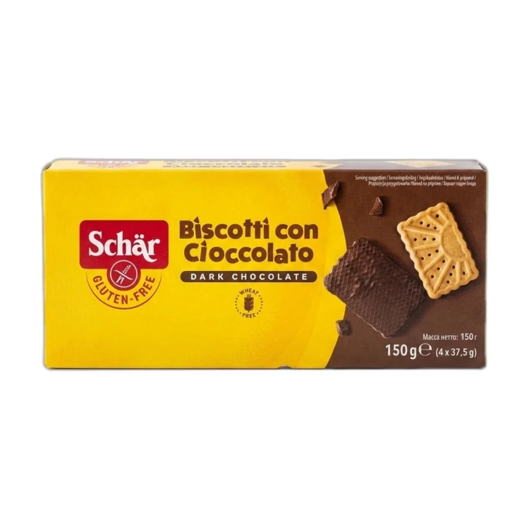 Bezglutenowe herbatniki z gorzką czekoladą Schar 150 g w opakowaniu