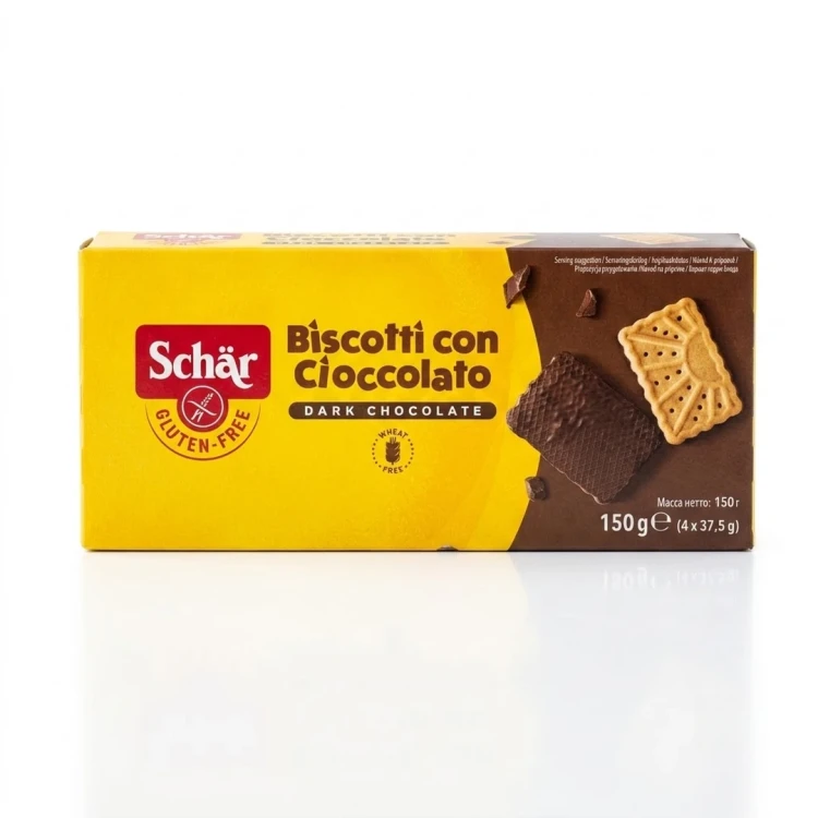 Biscotti con Cioccolato, herbatniki z gorzką czekoladą 150g Schar — opakowanie, zdjęcie studyjne