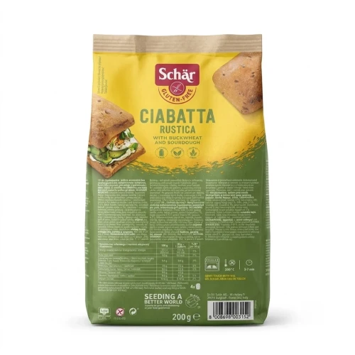 Bezglutenowa Ciabatta Rustica na zakwasie 200g Schar — opakowanie, zdjęcie studyjne