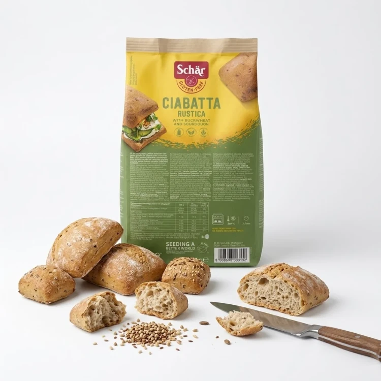 Bezglutenowa Ciabatta Rustica na zakwasie 200g Schar — opakowanie z wysypaną zawartością