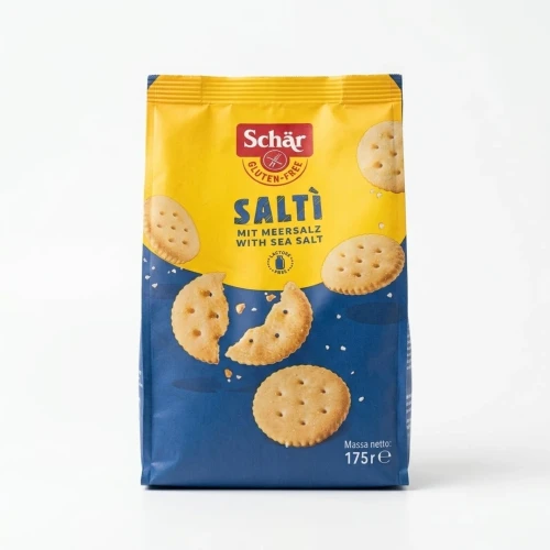 Saltì, słone krakersy z solą morską 175g Schar — opakowanie, zdjęcie studyjne