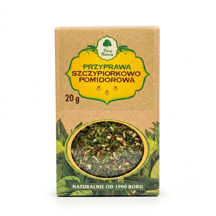 Przyprawa szczypiorkowo-pomidorowa 20 g Dary Natury — opakowanie, zdjęcie studyjne