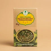 Przyprawa szczypiorkowo-pomidorowa 20 g Dary Natury — opakowanie na tle w kolorze produktu