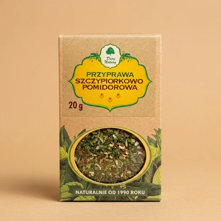 Przyprawa szczypiorkowo-pomidorowa 20 g Dary Natury — opakowanie na tle w kolorze produktu