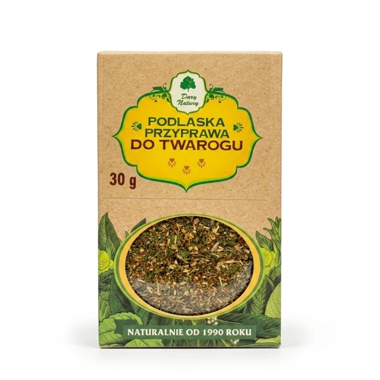 Podlaska przyprawa do twarogu 30 g Dary Natury — opakowanie, zdjęcie studyjne