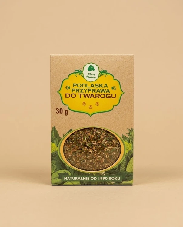 Podlaska przyprawa do twarogu 30 g Dary Natury — opakowanie na tle w kolorze produktu