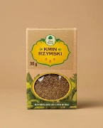 Kmin rzymski mielony 30 g Dary Natury — opakowanie na tle w kolorze produktu