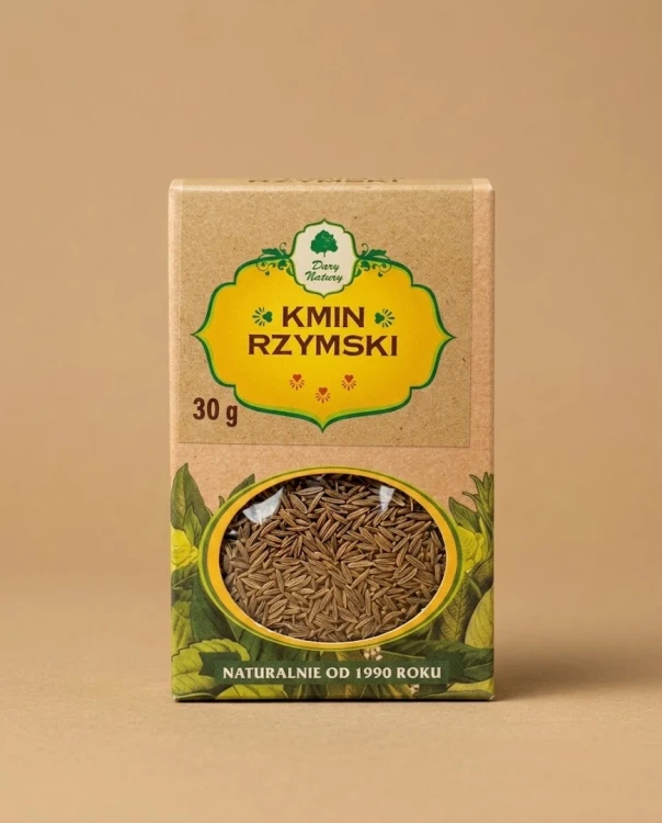 Kmin rzymski mielony 30 g Dary Natury — opakowanie na tle w kolorze produktu