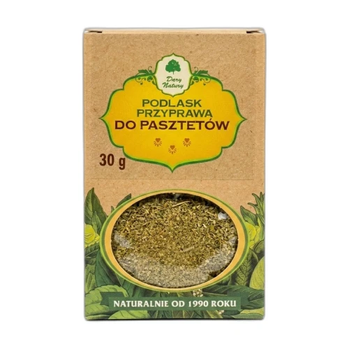 Opakowanie Podlaska przyprawa do pasztetów 30 g Dary Natury na jasnym tle