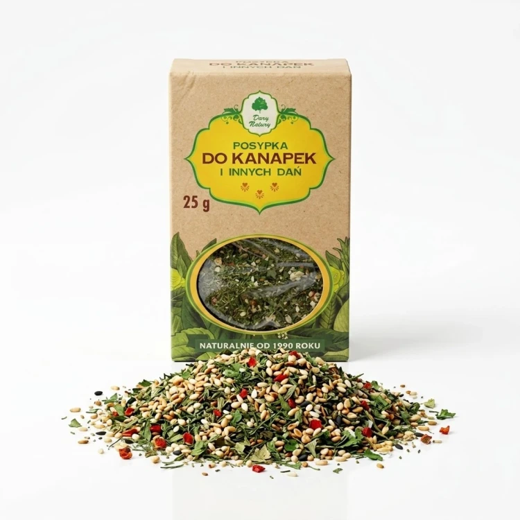 Posypka do kanapek i innych dań 25 g Dary Natury — opakowanie i zawartość produktu