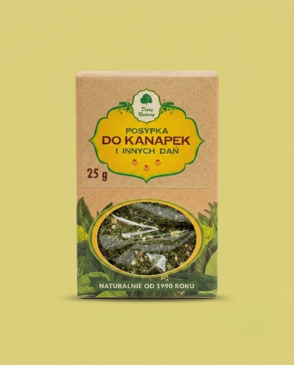 Posypka do kanapek i innych dań 25 g Dary Natury — opakowanie na tle w kolorze produktu