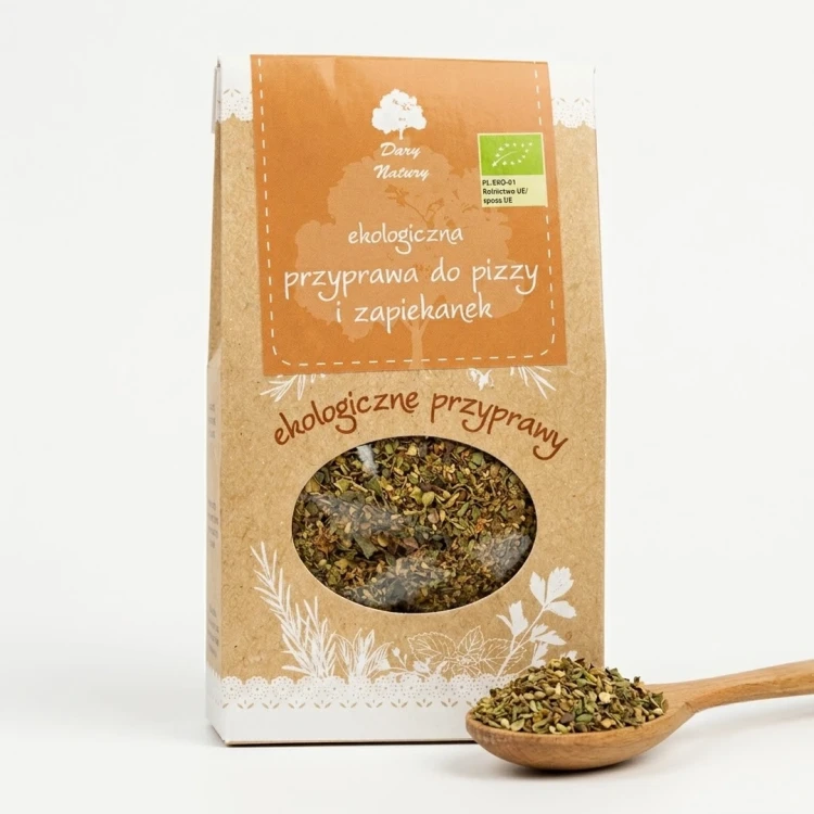 Przyprawa do pizzy i zapiekanek ekologiczna 30 g Dary Natury — opakowanie i zawartość produktu