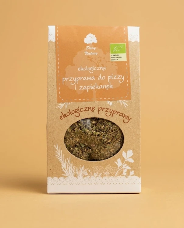 Przyprawa do pizzy i zapiekanek ekologiczna 30 g Dary Natury — opakowanie na tle w kolorze produktu