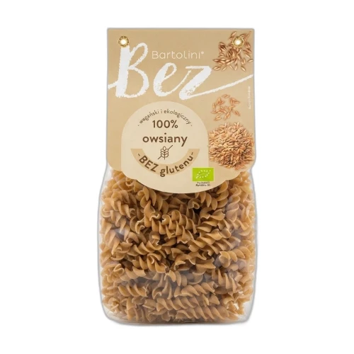 Paczka makaronu owsianego Bartolini 250 g z widocznymi świderkami przez przezroczystą folię