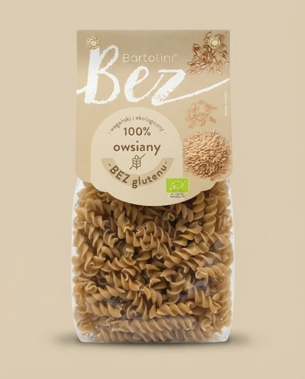 Makaron owsiany BEZGLUTENOWY 250g Bartolini — opakowanie na tle w kolorze produktu