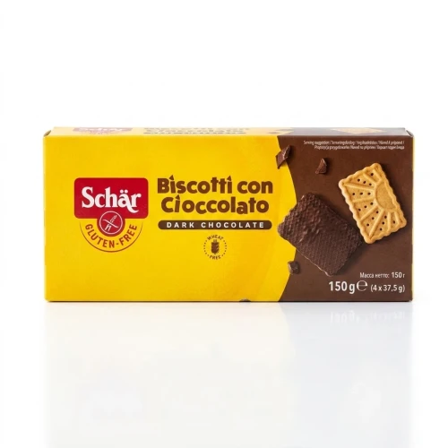 Biscotti con Cioccolato, herbatniki z gorzką czekoladą 150g Schar — opakowanie, zdjęcie studyjne