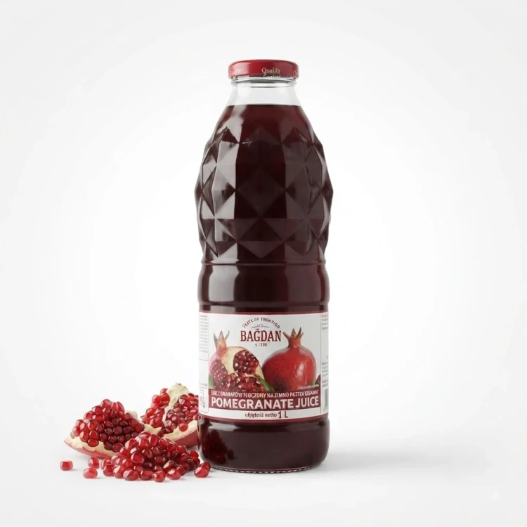 Sok z granatu tłoczony na zimno pasteryzowany 1 l Bagdan — opakowanie i zawartość produktu