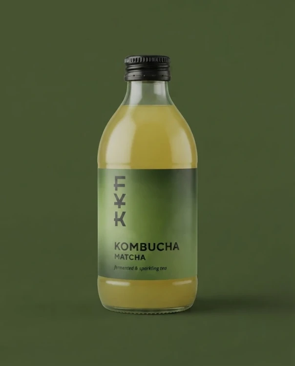 Herbata Kombucha Matcha 0.33 l Napój Forever Young FYK — opakowanie na tle w kolorze produktu
