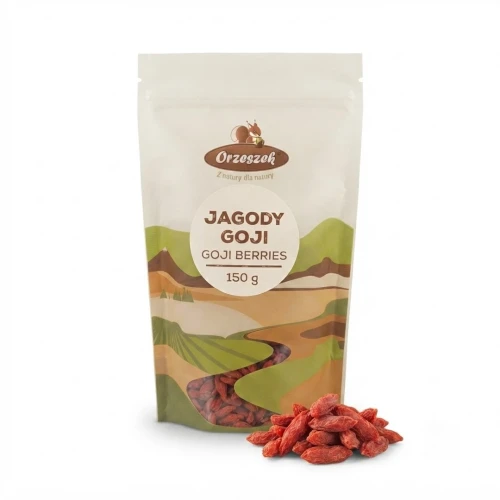 Jagody Goji 150g Orzeszek NATURA — opakowanie i zawartość produktu