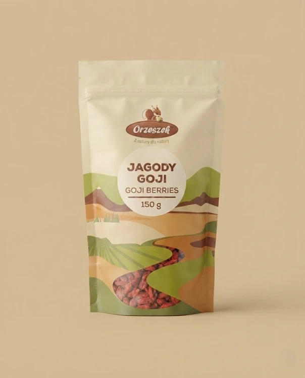 Jagody Goji 150g Orzeszek NATURA — opakowanie na tle w kolorze produktu