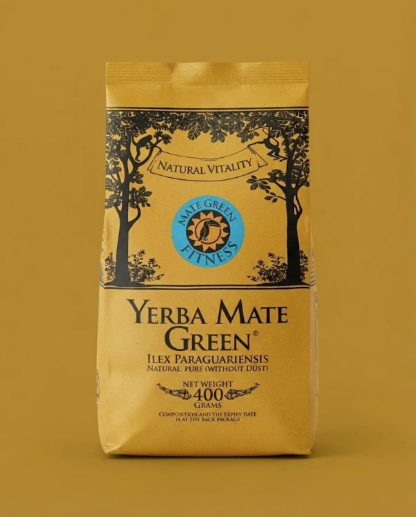 Yerba Mate Green Fitness 400g — opakowanie na tle w kolorze produktu
