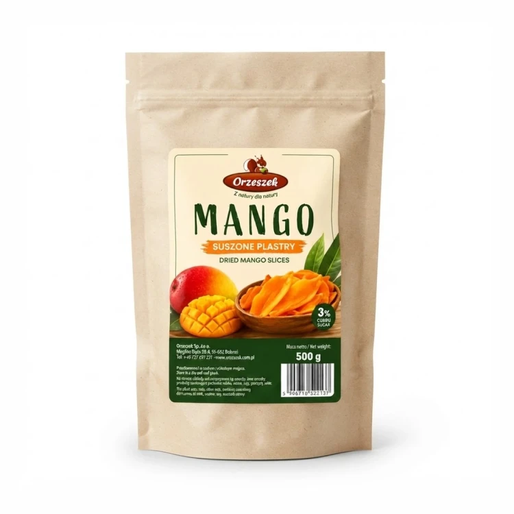 Mango krojone suszone plastry z dodatkiem cukru 3% w płatkach 500g — opakowanie, zdjęcie studyjne