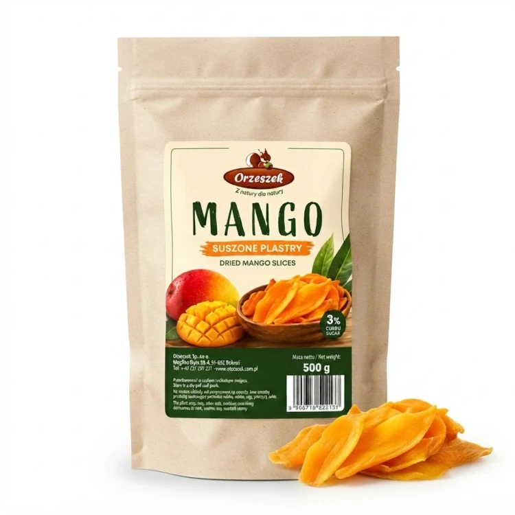 Mango krojone suszone plastry z dodatkiem cukru 3% w płatkach 500g — opakowanie i zawartość produktu