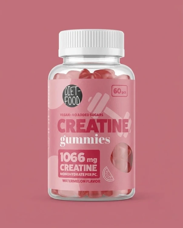 Żelki z kreatyną creatine 60 szt. DIET- FOOD — opakowanie na tle w kolorze produktu