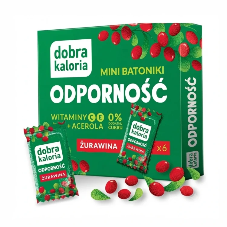 Mini batoniki owocowo-orzechowe z acerolą i żurawiną 102g Dobra Kaloria — opakowanie, zdjęcie studyjne
