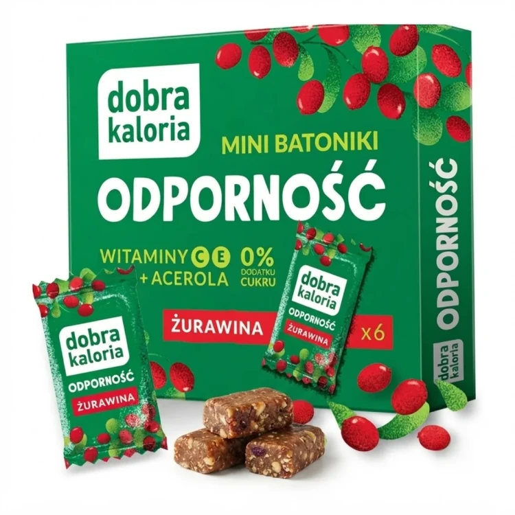 Mini batoniki owocowo-orzechowe z acerolą i żurawiną 102g Dobra Kaloria — opakowanie i zawartość produktu