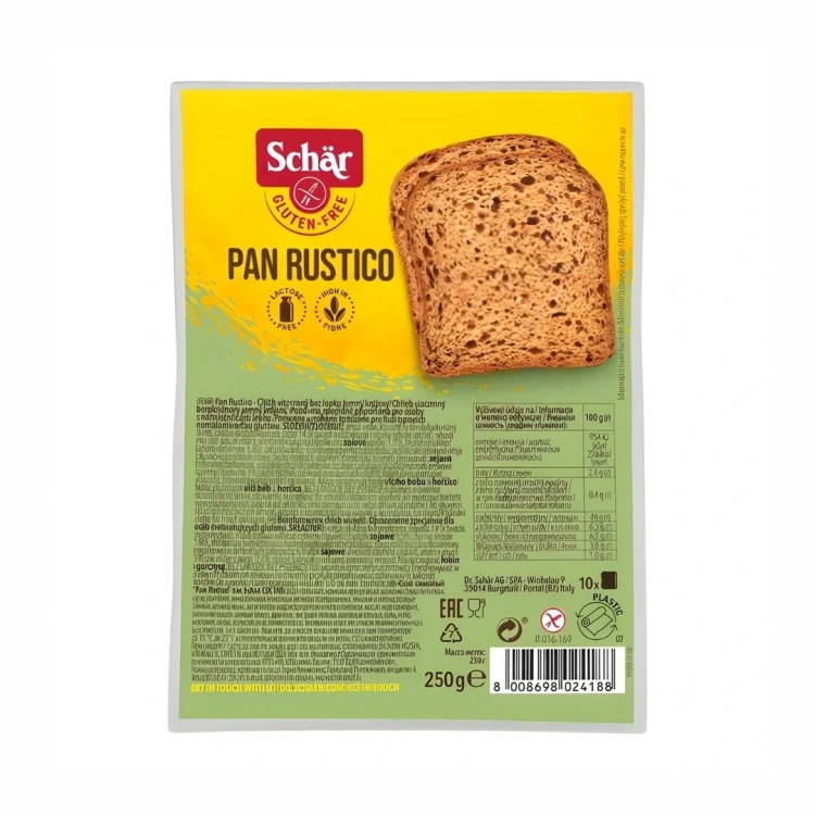 Chleb Pan Rustico wiejski krojony bezglutenowy 250g SCHAR — opakowanie, zdjęcie studyjne