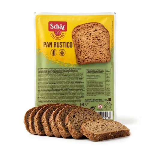 Chleb Pan Rustico wiejski krojony bezglutenowy 250g SCHAR — opakowanie i zawartość produktu