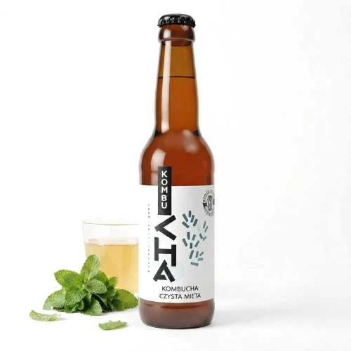Herbata Kombucha czysta mięta 330 ml AleBrowar — opakowanie i zawartość produktu