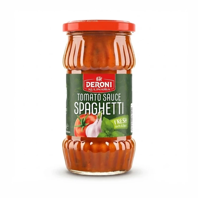 Sos pomidorowy do spaghetti 305g Deroni — opakowanie, zdjęcie studyjne