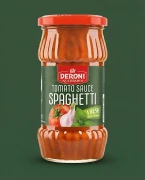 Sos pomidorowy do spaghetti 305g Deroni — opakowanie na tle w kolorze produktu