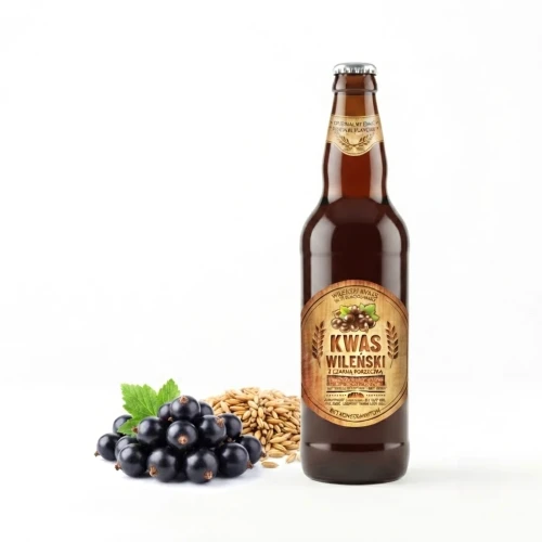 Kwas Chlebowy Wileński z czarną porzeczką 500 ml PolBioEco — opakowanie i zawartość produktu