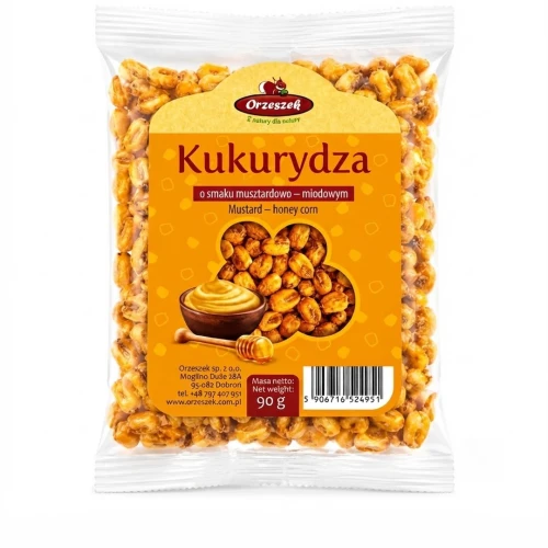 Kukurydza prażona o smaku musztardowo-miodowym 90g — opakowanie, zdjęcie studyjne