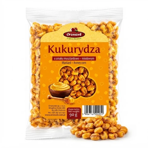 Kukurydza prażona o smaku musztardowo-miodowym 90g — opakowanie i zawartość produktu
