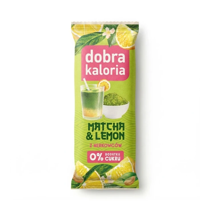 Matcha & Lemon z nerkowców  35g Dobra Kaloria — opakowanie, zdjęcie studyjne