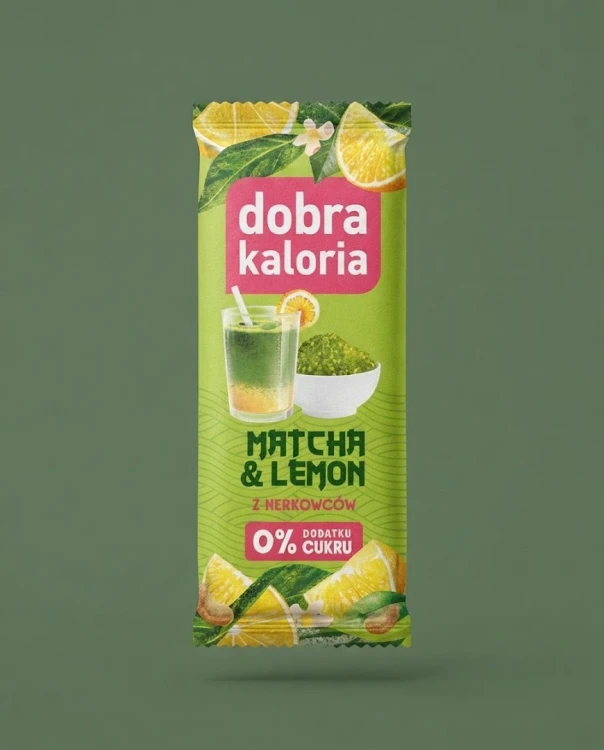 Matcha & Lemon z nerkowców  35g Dobra Kaloria — opakowanie na tle w kolorze produktu